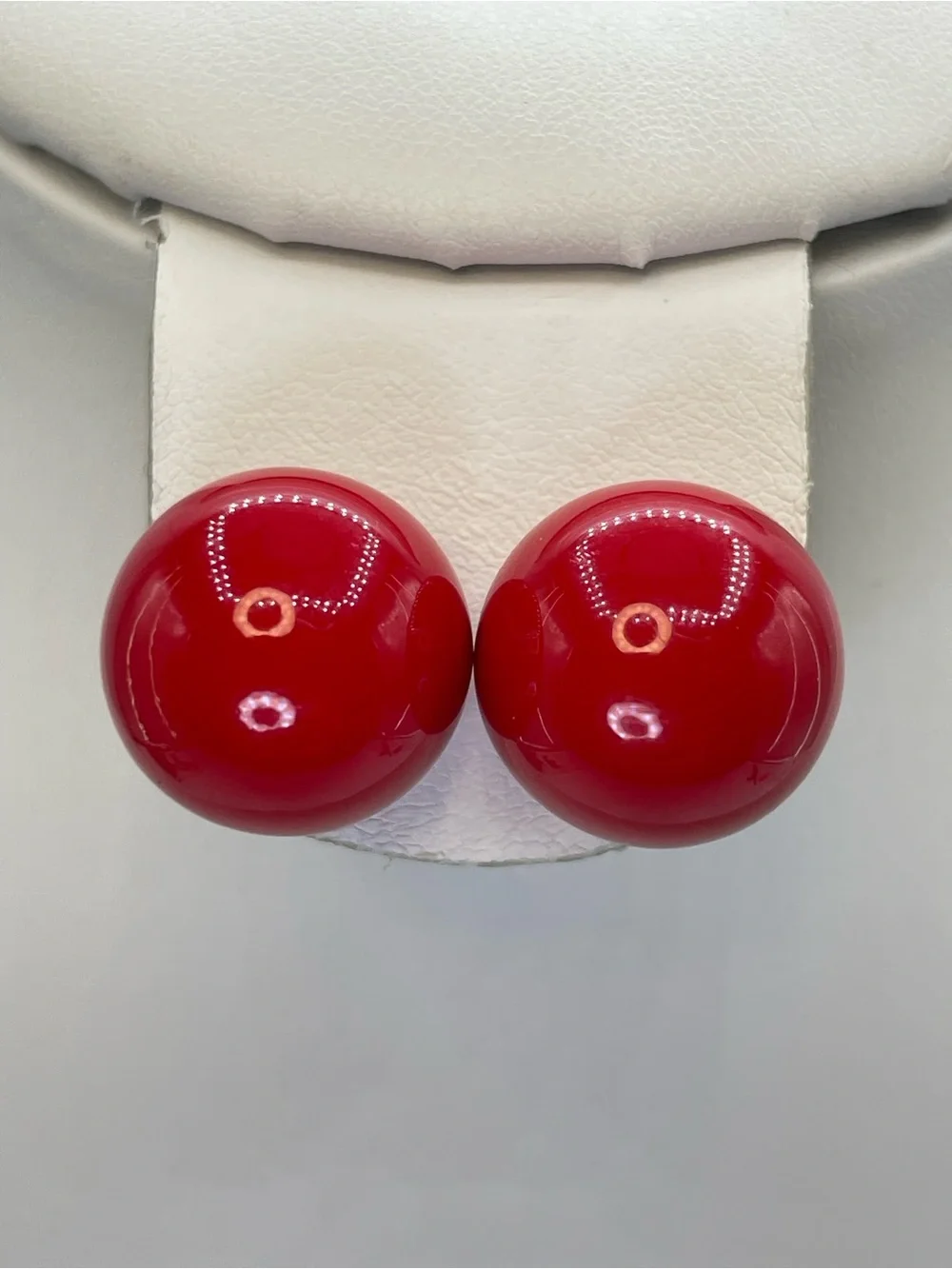 Vintage Red Acrylic Double Ball Stud Earrings Gold Tone Retro